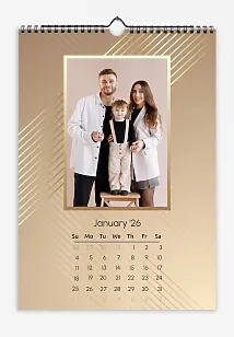 A simple, framed calendar template featuring a "Young Family with a Daughter" in a simple, golden style with straight line groups.