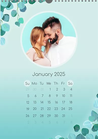 Calendar template Young couple on menthol fresh background with tree branches