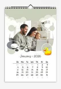 Calendar template: Parents, daughter, and children's toys. Large oval photos with children's clouds and bokeh. Children's fonts.