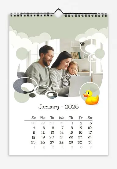 Calendar template: Parents, daughter, and children's toys. Large oval photos with children's clouds and bokeh. Children's fonts.