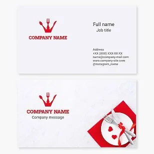 Business card template. Restaurant, catering. Spoon, fork, knife, crown, hearts.