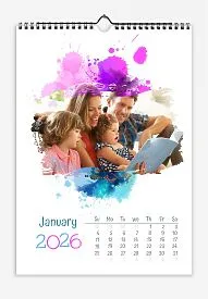 Playful Paint Calendar. Family photos with watercolor blots and childish fonts.