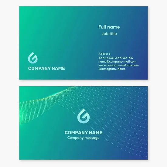 Business card template in green and blue tones. Abstract. Water drop. Letter G. Plumbing services. Sale of plumbing products.