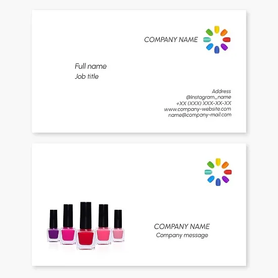 Business card template with nail polish. Nail service. Materials for manicure and pedicure.