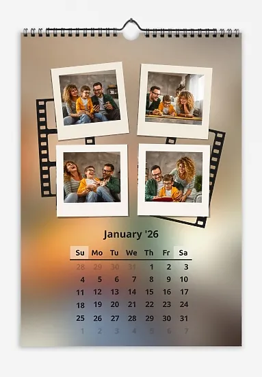 Calendar template of a cheerful family in Polaroid photographs with film strips and a blurred background of one of their photographs.