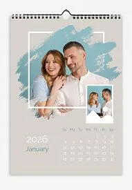 Lovers Calendar Template. Calendar template "Happy young couple in love" with grunge photo shape and frame with nature icons.