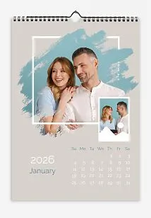 Lovers Calendar Template. Calendar template "Happy young couple in love" with grunge photo shape and frame with nature icons.