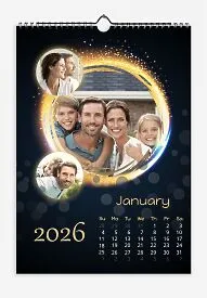 Calendar template with family photos. Family photos on a glowing ball with bokeh.