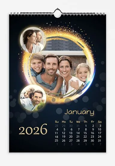 Calendar template with family photos. Family photos on a glowing ball with bokeh.