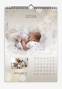 Calendar template with family photos. Family photos with a child on a delicate background with a floral print.
