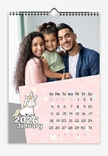 Calendar template with family photos. Photos of a family with their daughter. Children's drawings and text on a pink sheet of paper with stars and glitter.