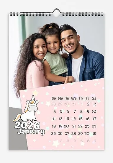 Calendar template with family photos. Photos of a family with their daughter. Children's drawings and text on a pink sheet of paper with stars and glitter.