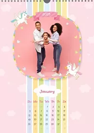 Calendar template Happy family in a fairy tale about unicorns