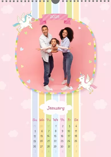 Calendar template Happy family in a fairy tale about unicorns