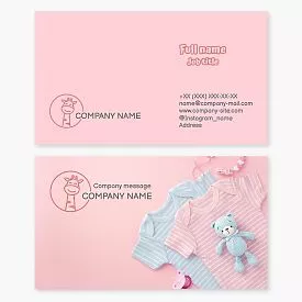 Business card template. Baby products. Giraffe. Clothing, toys, accessories. Letter O.