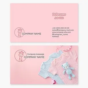 Business card template. Baby products. Giraffe. Clothing, toys, accessories. Letter O.