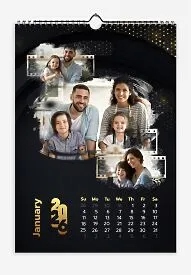 Calendar template with family photos. Family photos with film on a mysterious starry background.