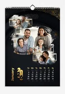 Calendar template with family photos. Family photos with film on a mysterious starry background.