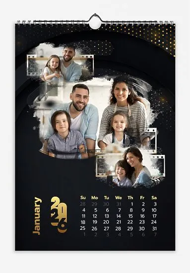 Calendar template with family photos. Family photos with film on a mysterious starry background.