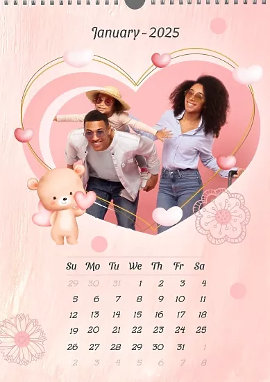 Calendar template Young family with hearts, flowers and teddy bears