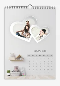 Calendar template "Young family with a child in hearts and children's interiors."
