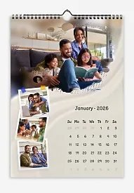 Calendar template Happy family with children with large background and small square photos in frames.