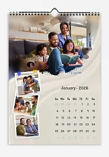 Calendar template Happy family with children with large background and small square photos in frames.