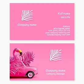 Seaside resort | Seaside vacation | Palm tree | Pink car and flamingo | Business card template