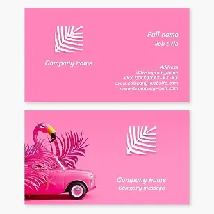 Seaside resort | Seaside vacation | Palm tree | Pink car and flamingo | Business card template