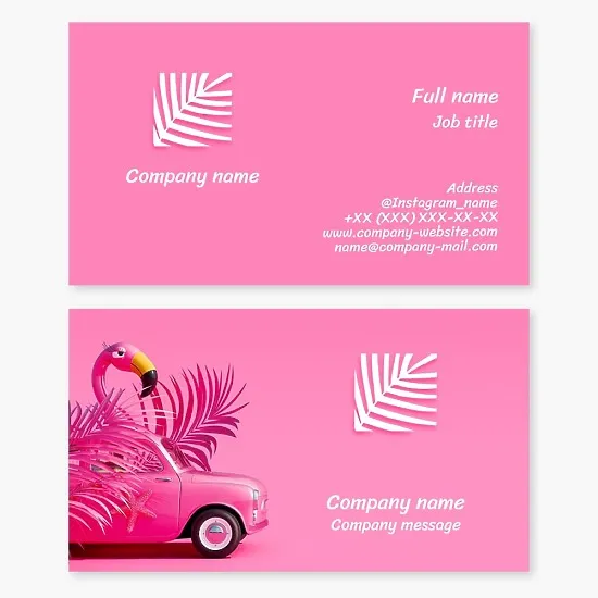 Seaside resort | Seaside vacation | Palm tree | Pink car and flamingo | Business card template