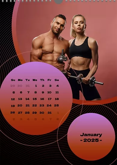 Calendar template Sports bodybuilder family with gradient balloons 