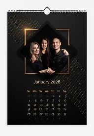 Calendar template Family photos with daughter on dark background with gold frame.