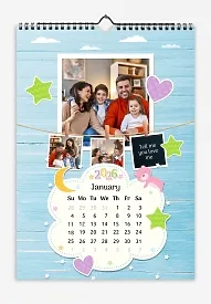 A Happy Family calendar template with clouds, stars, hearts, a teddy bear, and monthly tasks in a child-friendly style: small photos are hung on a string next to a large family photo.