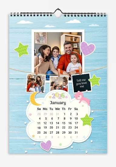 A Happy Family calendar template with clouds, stars, hearts, a teddy bear, and monthly tasks in a child-friendly style: small photos are hung on a string next to a large family photo.