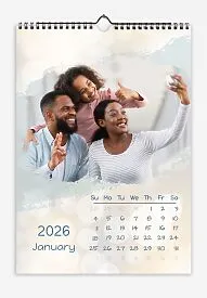 Calendar template with family photos. Family photos in grunge, light-colored brushstrokes. Light background with bokeh.