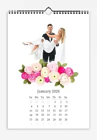 Calendar template "Wedding photos with roses" on a white background.