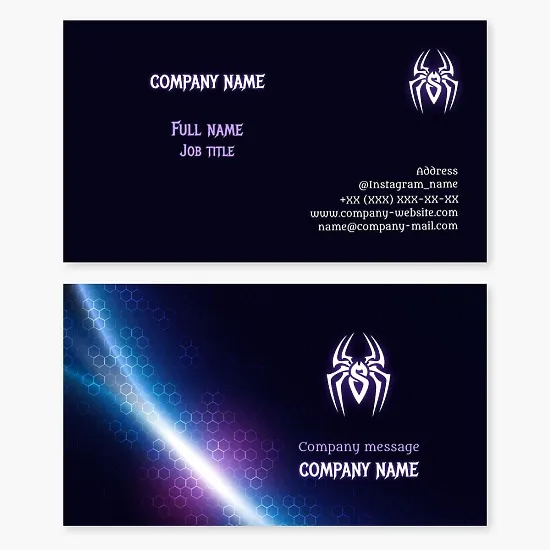 Business card template "Glowing white spider". Hacker-tester of protection of sites, portals, applications. Pentester. Letter S.