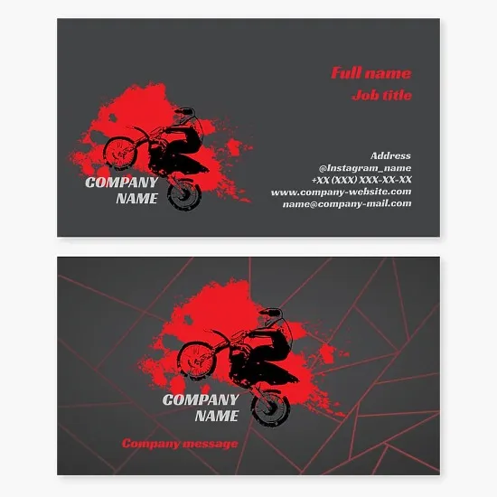Motocross Business Card Template. Motorcycles and Parts. Sale and Repair. Organization of Trips and Competitions.