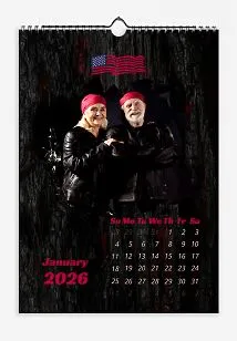 Lovers Calendar Template. Photos of an elderly rocker couple in front of a burnt tree with a stylized American flag.