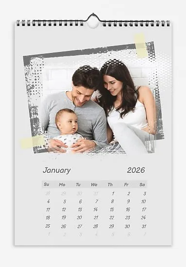 A calendar template featuring happy parents and their long-awaited son. Grunge stains on large photos, attached with adhesive paper.