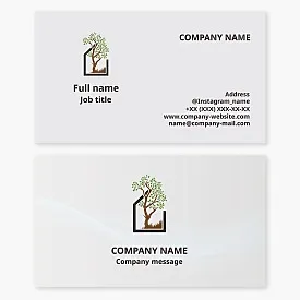 Business card template with Home Tree logo, landscaping, greenery supply.