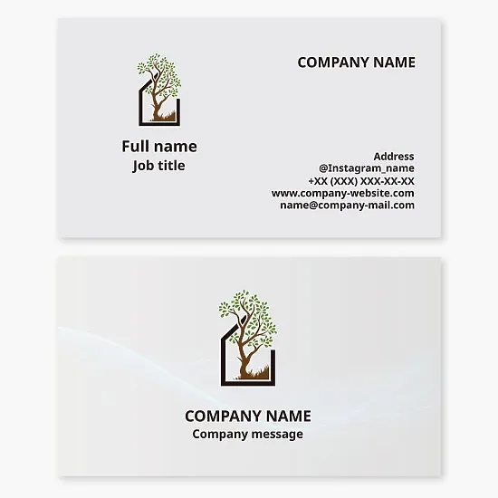 Business card template with Home Tree logo, landscaping, greenery supply.