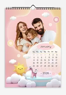 Calendar template Loving family with little son and his children's toys, sun, clouds and bokeh.