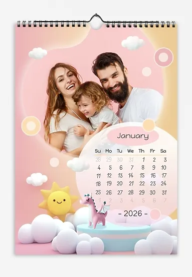 Calendar template Loving family with little son and his children's toys, sun, clouds and bokeh.