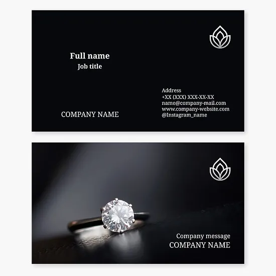 Jewelry business card template: diamond rings. Flower. Jewelry store, workshop.