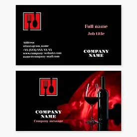 Business card template. Spoon, fork. Wine bottle, glass. Restaurant.