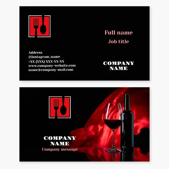 Business card template. Spoon, fork. Wine bottle, glass. Restaurant.
