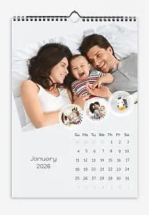 A calendar template featuring a young family with a child, featuring large, slanted photos and smaller photos with animal drawings in a circle. Handwritten fonts.