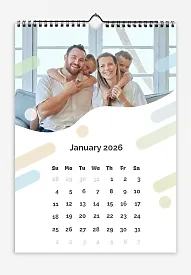 Calendar template "Lovely family with large curved photos with flying designer colorful rounded stripes and circles."