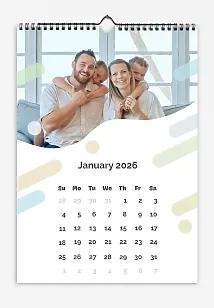 Calendar template "Lovely family with large curved photos with flying designer colorful rounded stripes and circles."